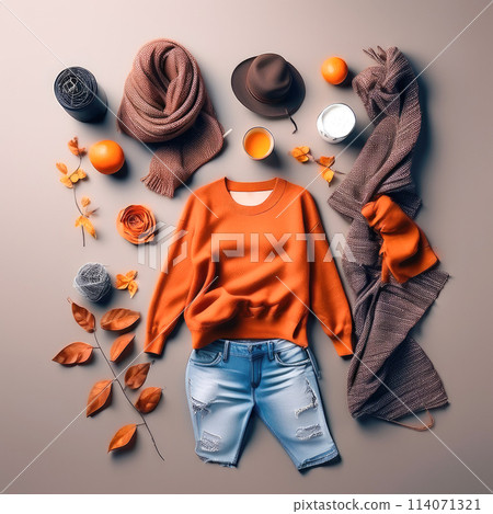 Set of the colorful clothes and accessories. Flat lay, top view. Autumn colors. Set of the colorful clothes and accessories. Flat lay, top view. Autumn colors. 114071321