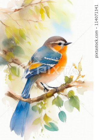 Robin bird on the tree branch watercolor illustration. 114071341