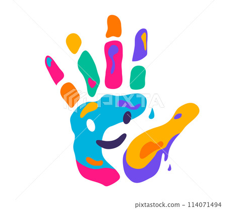 Hand print, multicolor paints with paint liquid drops and smile face vector illustration, isolated on white background 114071494