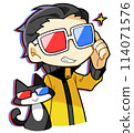 A man wearing 3D glasses and a cat 114071576