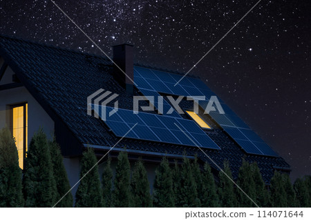 Eco-Friendly House Under Starry Sky. Night. 114071644