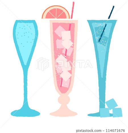 Vector set of flat cocktail glasses. Blue champagne. Pink drink with grapefruit 114071676