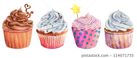 Cupcake muffin cream watercolor drawing set. Cake bakery whipped chocolate. Vanilla fruit tasty dessert illustration. Birthday breakfast party topping isolated white background. Decoration tea cafe 114071735