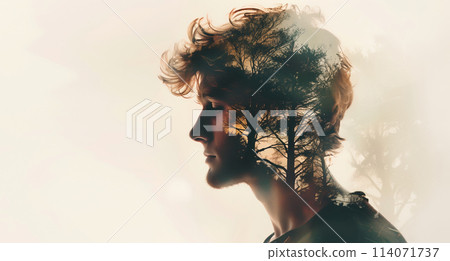 Double exposure portrait of calm thoughtful man with forest, nature concept 114071737