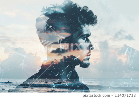 Double exposure portrait of calm thoughtful bearded man on sea coast with waves, nature concept 114071738