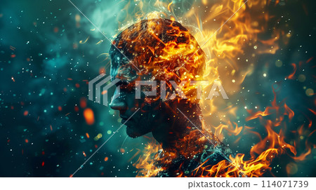 Double exposure portrait of fire man, nature, element concept Double exposure portrait of fire man, nature, element concept 114071739