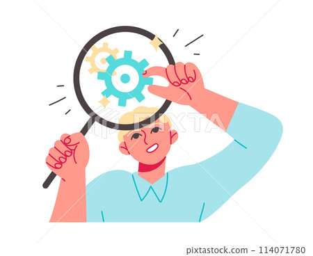 Man looking at gear wheel through magnifier. 114071780