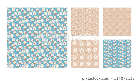 Seamless patterns collection of cotton plant flowers. Branches and ripe cotton bolls endless background set. Purity, innocence symbols repeat covers. Vector hand drawn illustration. Seamless patterns collection of cotton plant flowers. Branches and ripe cotton bolls endless background set. Purity, innocence symbols repeat covers. Vector hand drawn illustration. 114072132