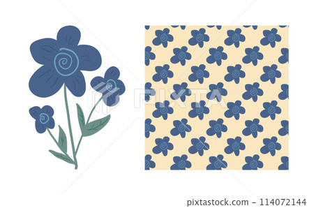 Retro Veronica blue flowers seamless pattern and botanic bouquet composition set. Floral endless background. Wildflower ornament tile. Vintage botanic repeat cover. Vector illustration. 114072144