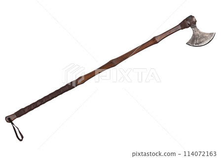 antique battle axe with long wooden handle on white 114072163