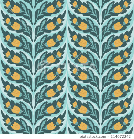 Yellow wildflowers with leaves seamless pattern. Floral endless background. Flower and foliage loop tiled ornament Summer botanic repeat cover. Vector hand drawn illustration. Yellow wildflowers with leaves seamless pattern. Floral endless background. Flower and foliage loop tiled ornament Summer botanic repeat cover. Vector hand drawn illustration. 114072242