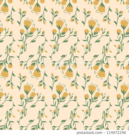 Yellow wildflowers vintage seamless pattern. Floral retro endless background. Flower ornament Summer botanic repeat cover. Vector hand drawn illustration. 114072298