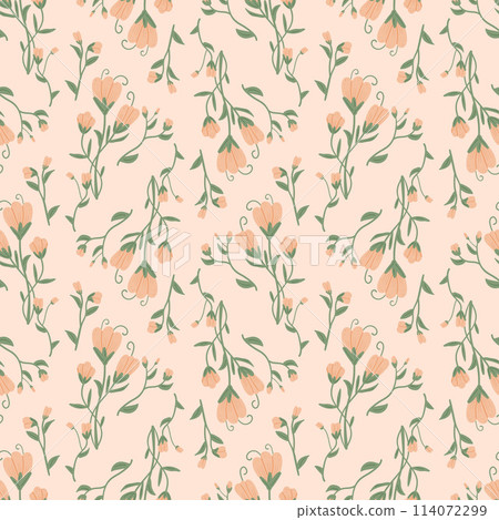 Peach fuzz flowers seamless pattern. Floral endless background. wildflowers and foliage loop tiled ornament. Botanic repeat cover. Vector hand drawn illustration. Peach fuzz flowers seamless pattern. Floral endless background. wildflowers and foliage loop tiled ornament. Botanic repeat cover. Vector hand drawn illustration. 114072299