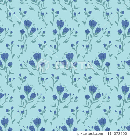 Blue wildflowers with leaves seamless pattern. Floral endless background. Flower loop tiled ornament Summer botanic repeat cover. Vector hand drawn illustration. 114072300