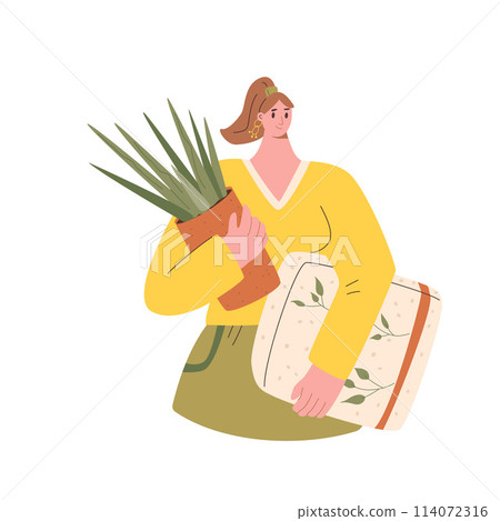 Woman with plant and ground bag isolated on white background. Horticulture gardener hobby character. Houseplant and garden market and store purchase. Vector illustration. 114072316
