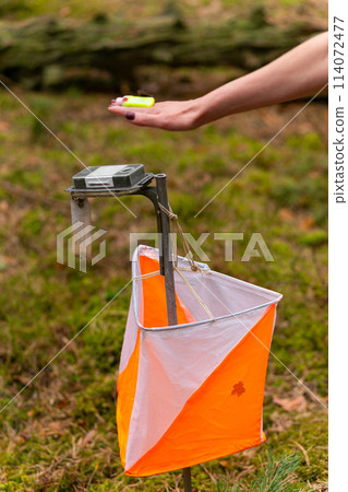 A woman punching at the orienteering control point 114072477