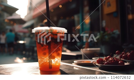 Juicy fruit boba drink at the restaurant market table blurry urban background. Juicy fruit boba drink at the restaurant market table blurry urban background. 114072632