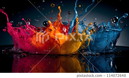 Abstract liquid color explosion colorful artistic yellow blue purple red orange splashing splatter drop at ground black background reflective. Abstract liquid color explosion colorful artistic yellow blue purple red orange splashing splatter drop at ground black background reflective. 114072648