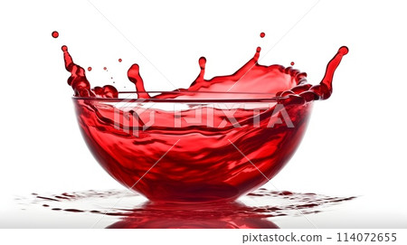Red transparent liquid fall and splashing at the glass bowl isolated on white background. Red transparent liquid fall and splashing at the glass bowl isolated on white background. 114072655