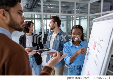 Group of employees training in boardroom with whiteboard and project information 114072791