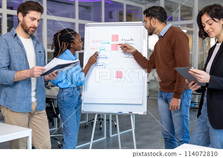 Coworkers give business presentation at office conference meeting Coworkers give business presentation at office conference meeting 114072810