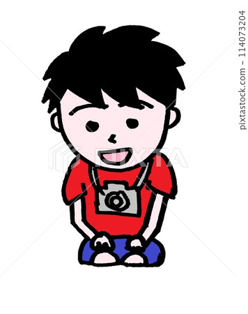A smiling camera boy (cameraman) sitting upright 114073204