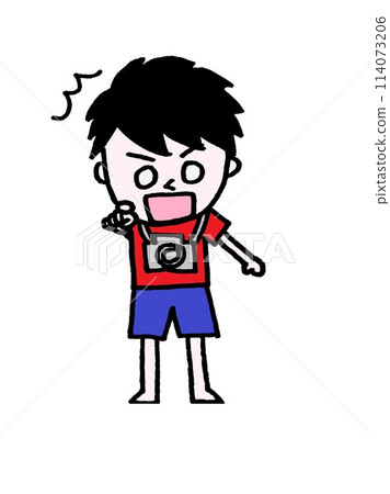 A camera boy (cameraman) points straight ahead in surprise A camera boy (cameraman) points straight ahead in surprise 114073206