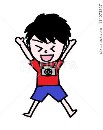 A camera boy (cameraman) raising his hands in joy 114073207