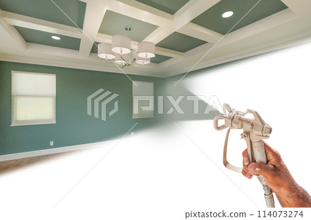 Professional Spray Painter Holding Spray Gun Spraying Renovated Room Over White Surface. Professional Spray Painter Holding Spray Gun Spraying Renovated Room Over White Surface. 114073274