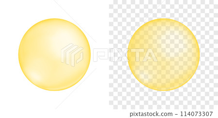 Yellow bubble on transparent and white background. Inflated chewing bubble gum. Cosmetic oil or serum, soap foam or bath suds drop. Collagen, protein or omega cell ball. Vector realistic illustration 114073307