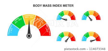 Body mass index meters. Set of infographic BMI dashboards with arrows. Weight measuring scales with underweight, normal, overweight and obese ranges. Vector flat illustration 114073348