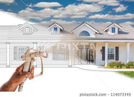 Professional Spray Painter Holding Spray Gun Spraying New House Over Design Drawing. Professional Spray Painter Holding Spray Gun Spraying New House Over Design Drawing. 114073349