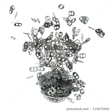 Can Caps fly in mid air, aluminium canned cap falling scatter, recycle from trash can cap explosion float. White background isolated freeze motion high speed shutter 114073993