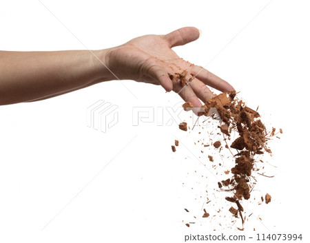 Coconut peel husk flying explosion, coconut chopped medium M size fall down from hand gardener. Coconut shell peel fertilizer splash throwing in Air. White background Isolated high speed shutter 114073994