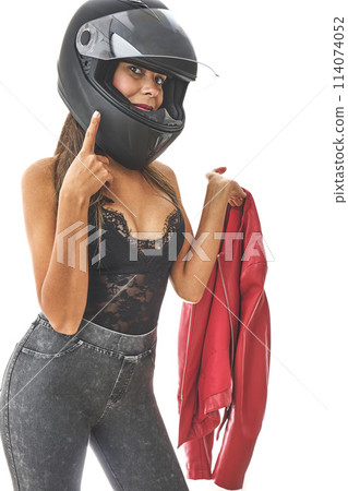 Beautiful empowered motorcyclist woman with modern look. Power woman concept Beautiful empowered motorcyclist woman with modern look. Power woman concept 114074052