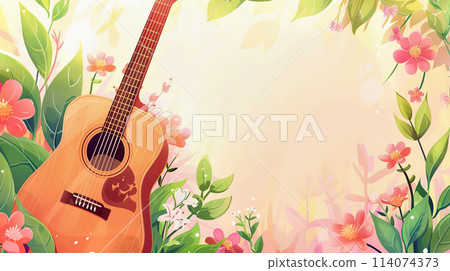 Acoustic guitar resting in field of flowers. Background with copy space 114074373