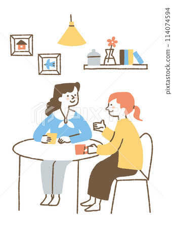 Two women having a lively conversation while drinking_Color Two women having a lively conversation while drinking_Color 114074594