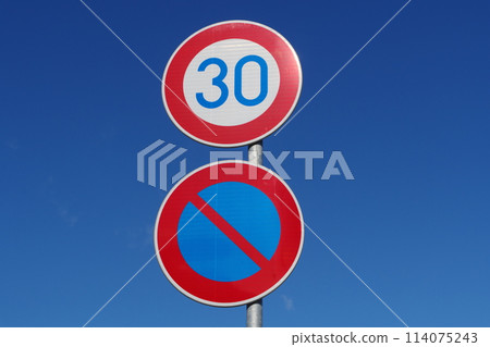 Road sign, maximum speed, parking prohibited Road sign, maximum speed, parking prohibited 114075243