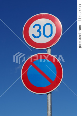 Road sign, maximum speed, parking prohibited Road sign, maximum speed, parking prohibited 114075244