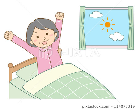 一位健康的老年女性早上醒來時感覺精神煥發、神清氣爽 114075319