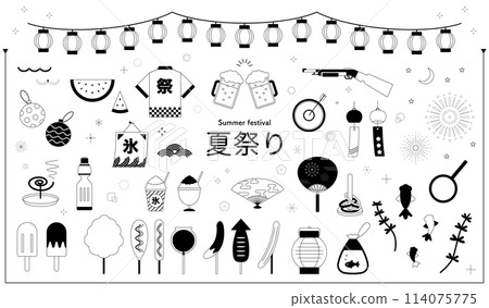 Festival illustration set variation summer festival line drawing flat simple cute lantern line black and white 114075775
