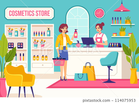 Cosmetics Store Vector Illustration with Girl Skincare, Cosmetic, Perfume, Makeup and Beauty Products Choice in in Flat Cartoon Background Cosmetics Store Vector Illustration with Girl Skincare, Cosmetic, Perfume, Makeup and Beauty Products Choice in in Flat Cartoon Background 114075953