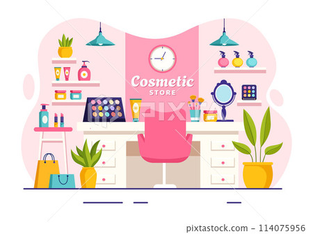 Cosmetics Store Vector Illustration with Girl Skincare, Cosmetic, Perfume, Makeup and Beauty Products Choice in in Flat Cartoon Background Cosmetics Store Vector Illustration with Girl Skincare, Cosmetic, Perfume, Makeup and Beauty Products Choice in in Flat Cartoon Background 114075956