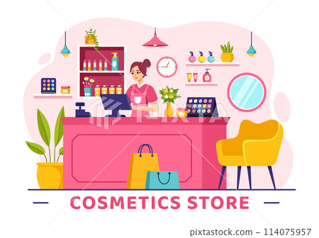 Cosmetics Store Vector Illustration with Girl Skincare, Cosmetic, Perfume, Makeup and Beauty Products Choice in in Flat Cartoon Background Cosmetics Store Vector Illustration with Girl Skincare, Cosmetic, Perfume, Makeup and Beauty Products Choice in in Flat Cartoon Background 114075957