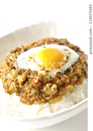 Keema curry with egg yolk and burnt cheese photographed on a white background 114075983