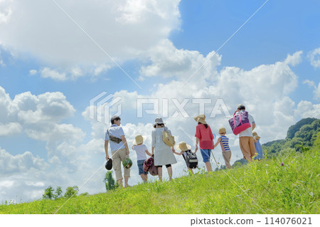 Two families on holiday walking through the summer grass Two families on holiday walking through the summer grass 114076021