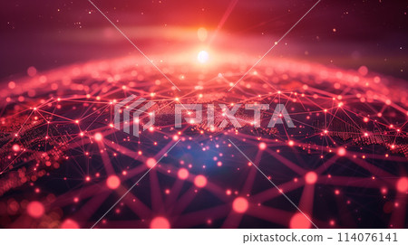 A red and blue planet with a network of lines connecting it 114076141
