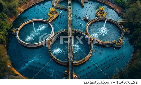 A large body of water with three large circular pools and a bridge in the middle 114076152