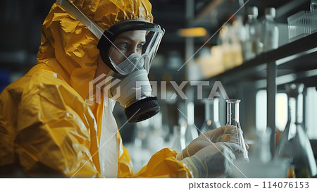 A scientist in a yellow suit is wearing a gas mask and working in a lab 114076153