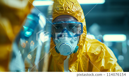 A man in a yellow suit with a mask on his face 114076154